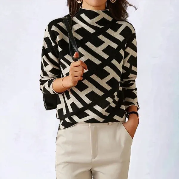 Geometric Luxe™ | Women's Long Sleeve Knitted Top | Soft Knit Fabric, Modern Geometric Pattern & Relaxed Fit