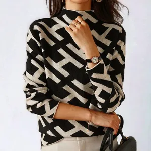 Geometric Luxe™ | Women's Long Sleeve Knitted Top | Soft Knit Fabric, Modern Geometric Pattern & Relaxed Fit