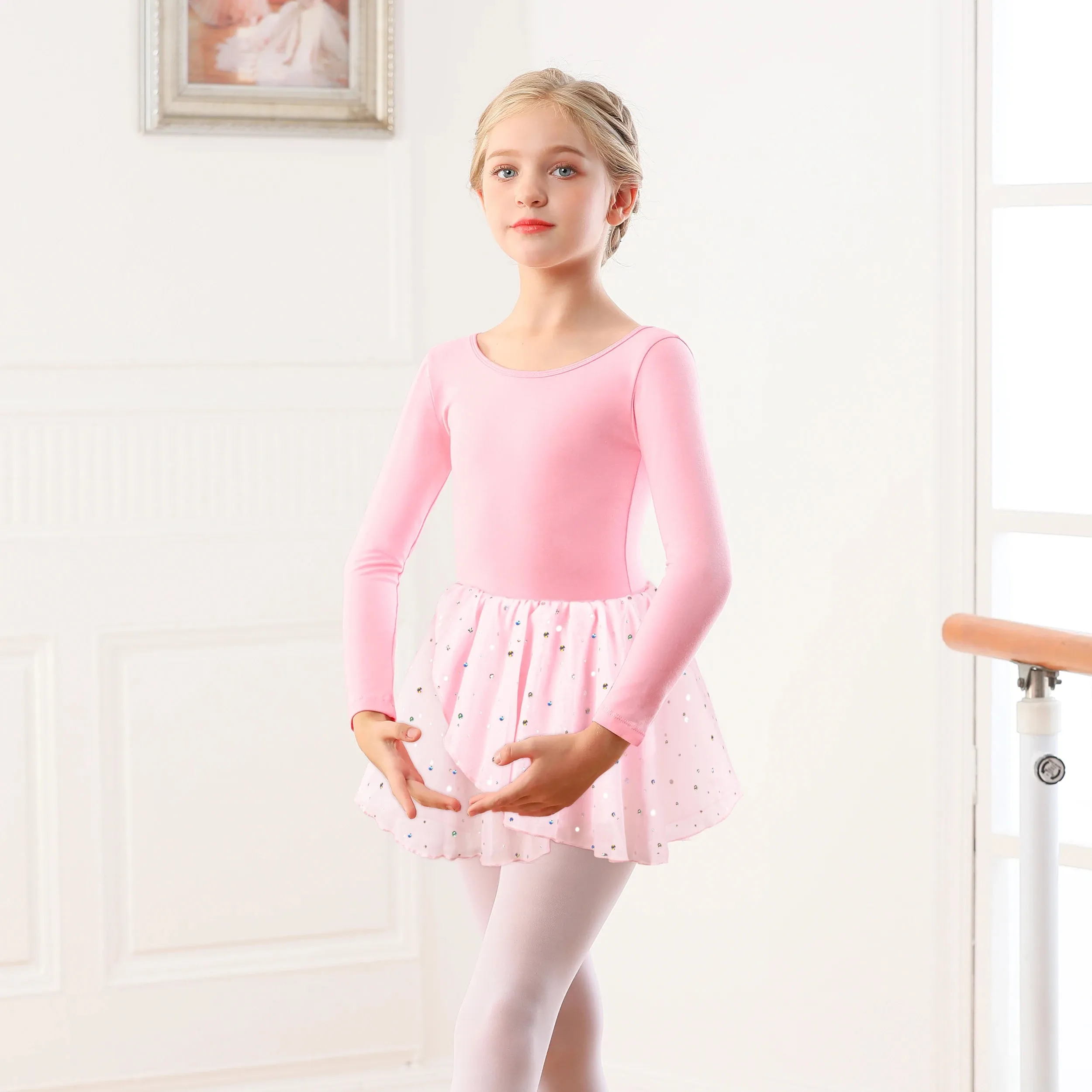 Girls' Ballet Camisole Dress with Hollow Crisscross Back and Shiny Skirt