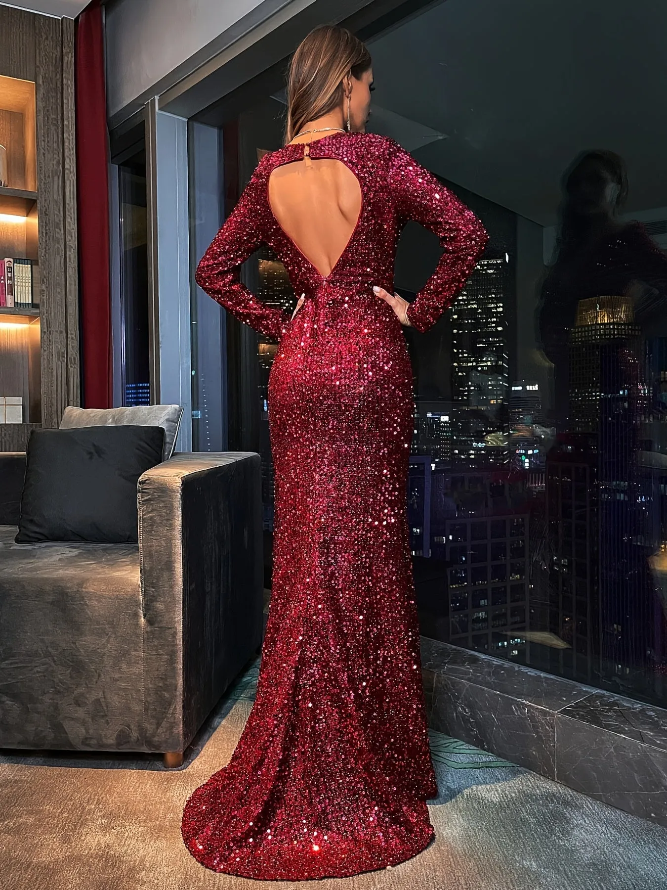 Glamorous New Year Sequin Deep V Neck Maxi Dress