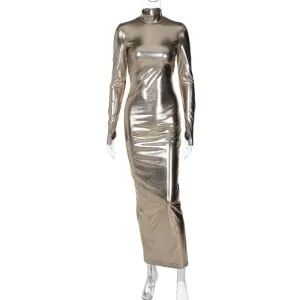 Glove Luxe™ | Women's Backless Ruched Maxi Dress | Metallic Long Sleeve, High Neck Design, Elegant Fit