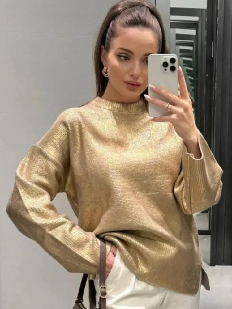 Gold /Silver Color O-Neck Sweaters Women Fashion Long Sleeve Bright Shiny Silk Knit Pullover Office Loose Sweater