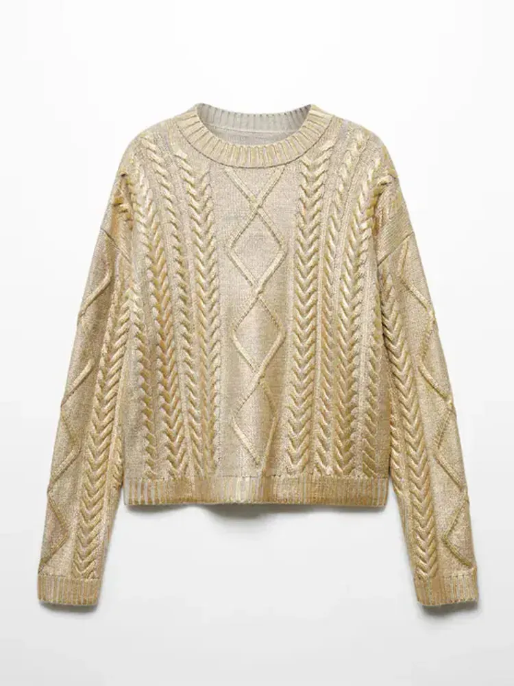 Gold /Silver Color O-Neck Sweaters Women Fashion Long Sleeve Bright Shiny Silk Knit Pullover Office Loose Sweater