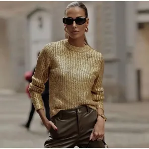 Gold /Silver Color O-Neck Sweaters Women Fashion Long Sleeve Bright Shiny Silk Knit Pullover Office Loose Sweater