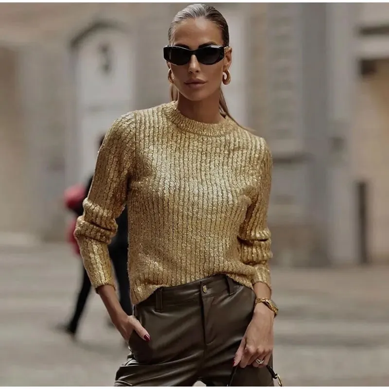 Gold /Silver Color O-Neck Sweaters Women Fashion Long Sleeve Bright Shiny Silk Knit Pullover Office Loose Sweater