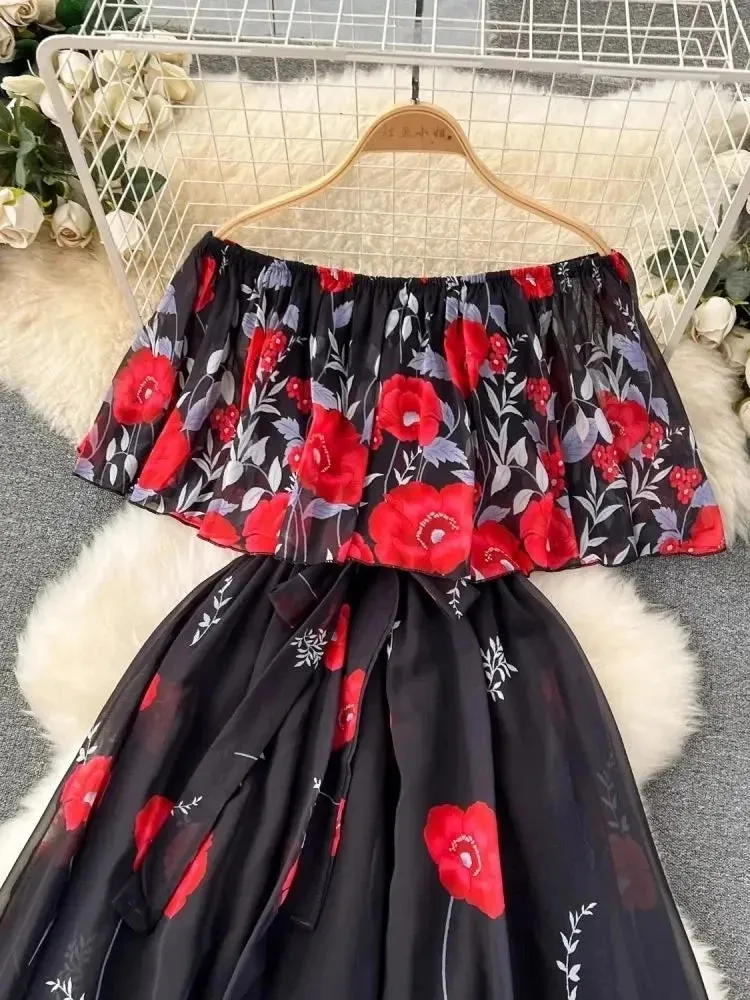 Gorgeous Flower Pattern Chiffon Holiday Dress Women's Sexy Off The Shoulder Flower Print Elastic Waist Pleated Maxi Summer Dress