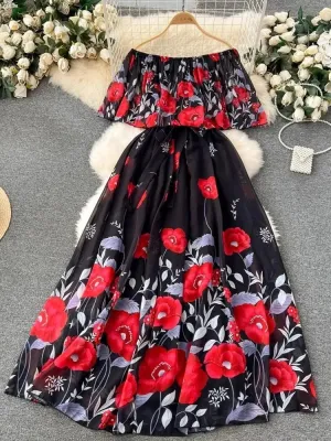 Gorgeous Flower Pattern Chiffon Holiday Dress Women's Sexy Off The Shoulder Flower Print Elastic Waist Pleated Maxi Summer Dress
