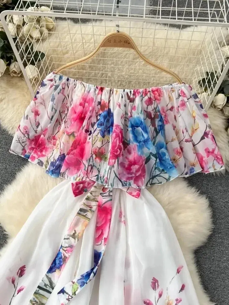 Gorgeous Flower Pattern Chiffon Holiday Dress Women's Sexy Off The Shoulder Flower Print Elastic Waist Pleated Maxi Summer Dress