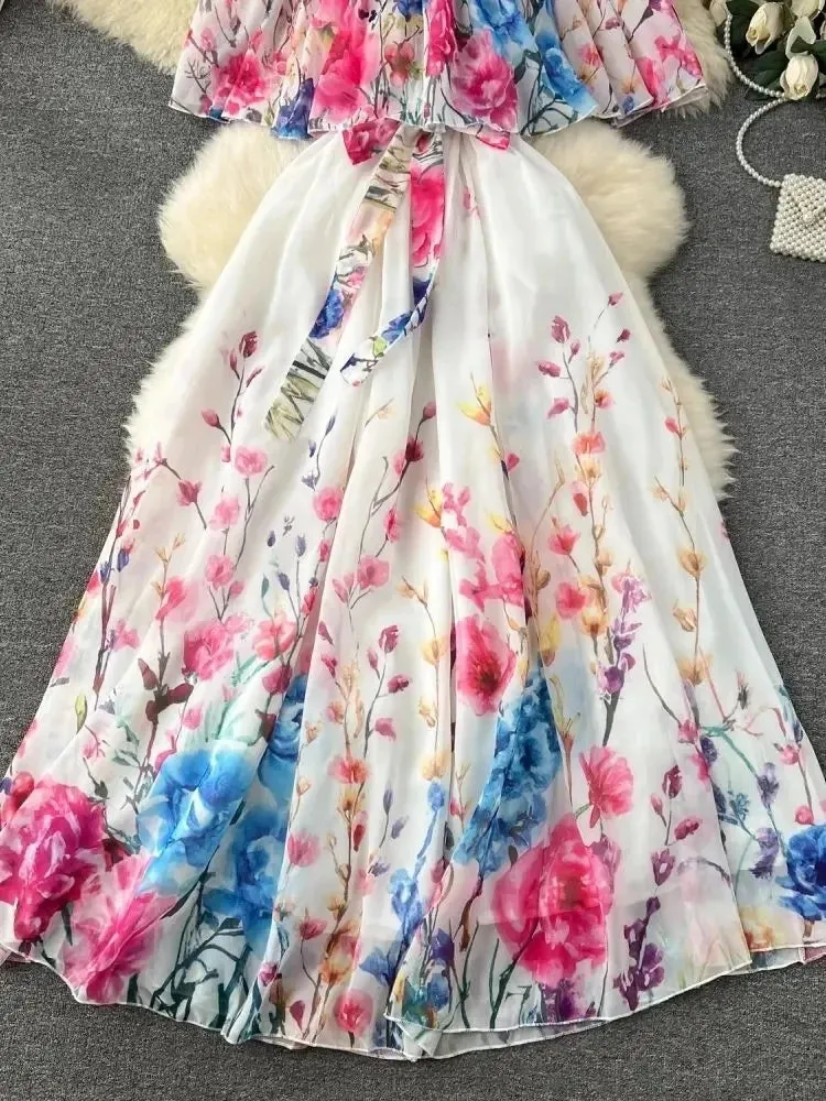 Gorgeous Flower Pattern Chiffon Holiday Dress Women's Sexy Off The Shoulder Flower Print Elastic Waist Pleated Maxi Summer Dress