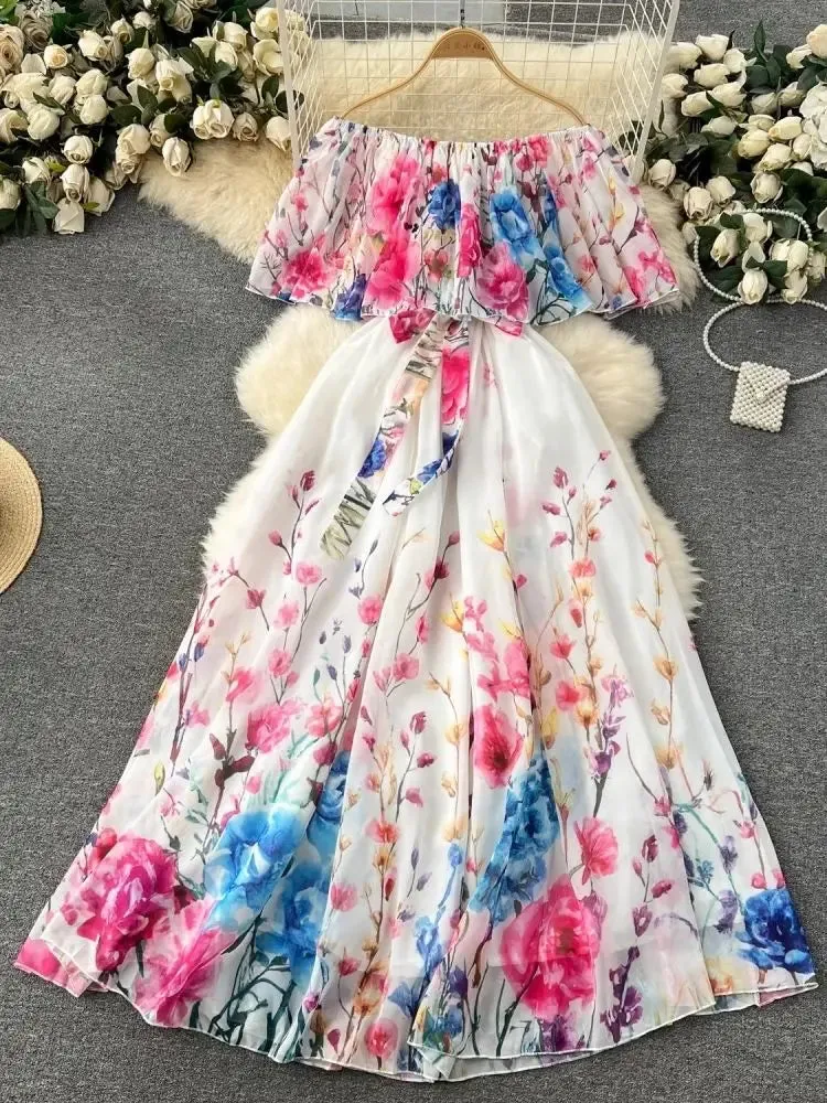 Gorgeous Flower Pattern Chiffon Holiday Dress Women's Sexy Off The Shoulder Flower Print Elastic Waist Pleated Maxi Summer Dress