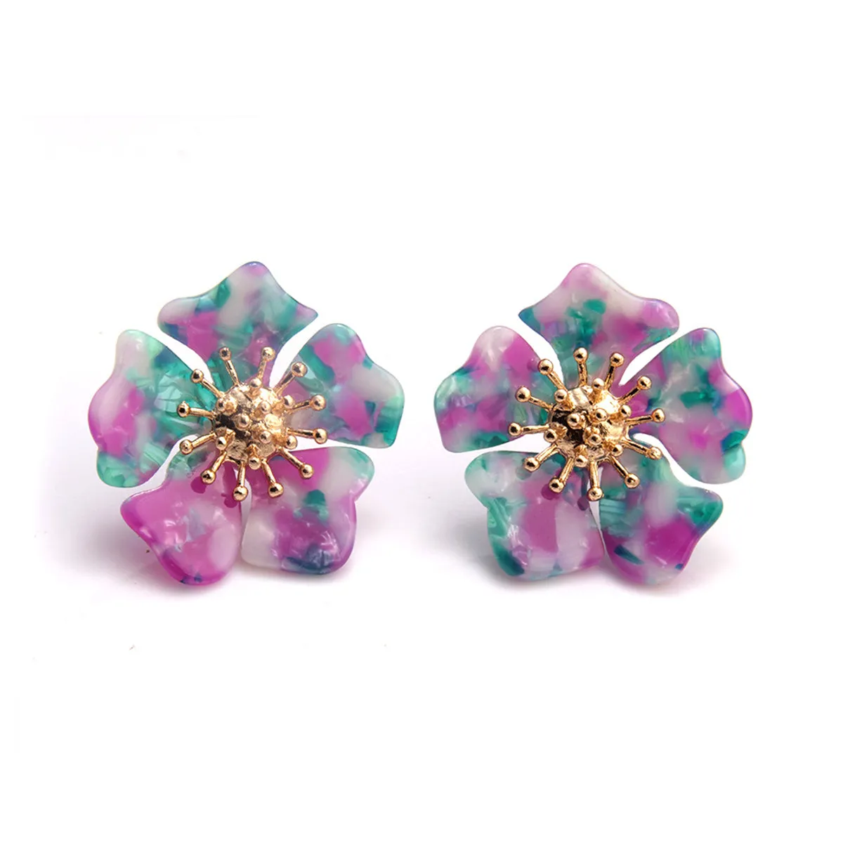 Green & Pink Flower Stud Earrings