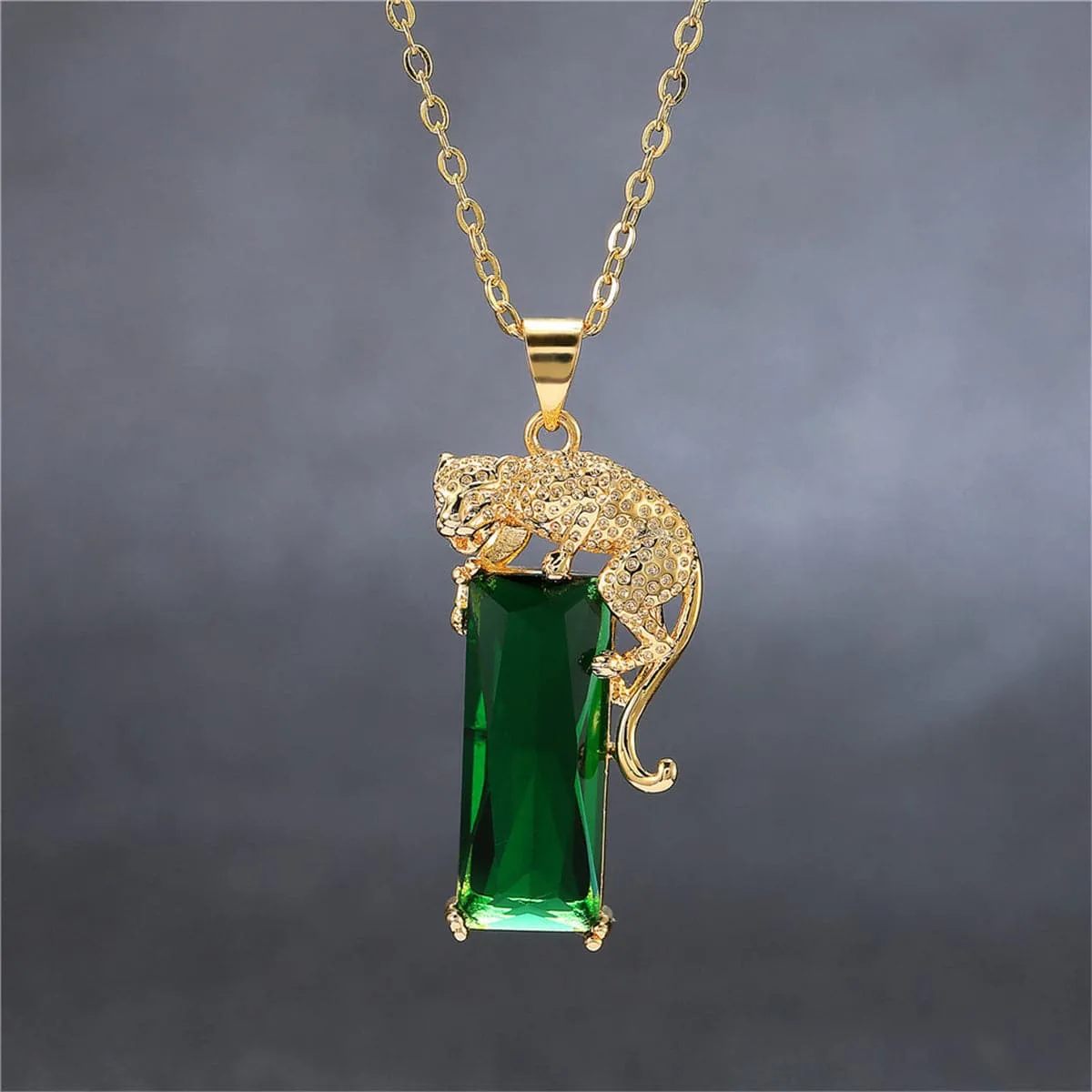 Green Crystal & 18K Gold-Plated Leopard Pendant Necklace