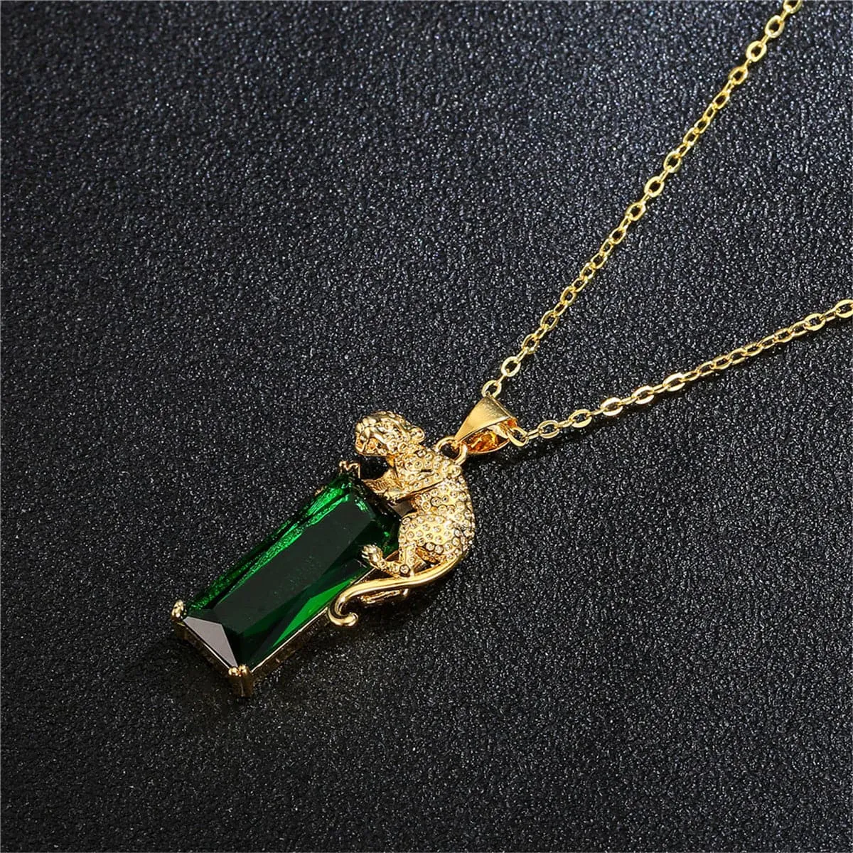 Green Crystal & 18K Gold-Plated Leopard Pendant Necklace
