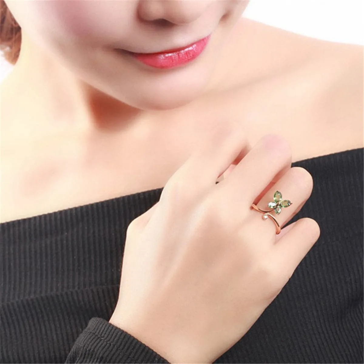 Green Crystal & 18K Rose Gold-Plated Butterfly Promise Ring