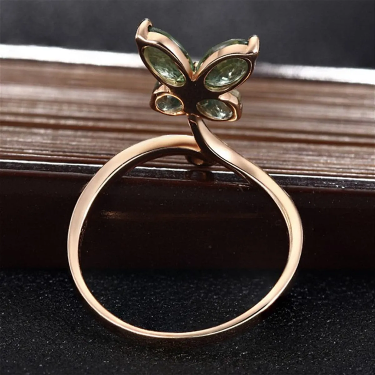 Green Crystal & 18K Rose Gold-Plated Butterfly Promise Ring