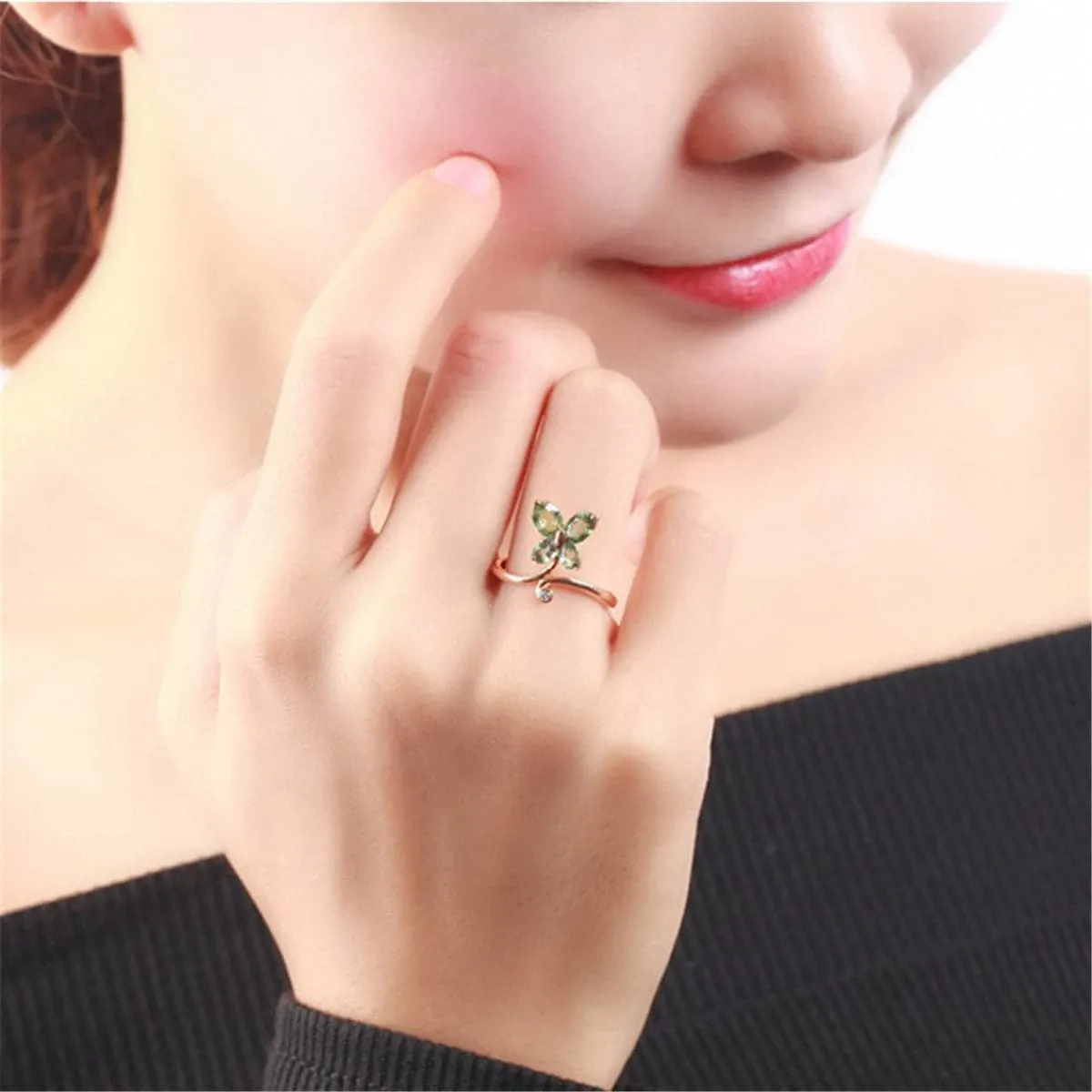 Green Crystal & 18K Rose Gold-Plated Butterfly Promise Ring