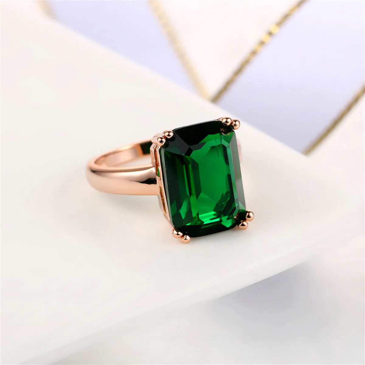 Green Crystal & 18K Rose Gold-Plated Emerald-Cut Ring