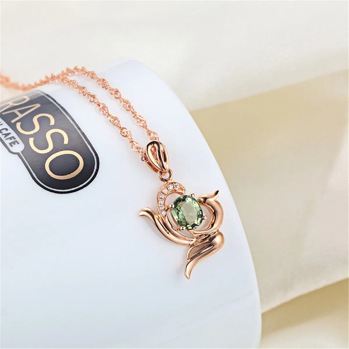 Green Crystal & Cubic Zirconia Oval Phoenix Pendant Necklace