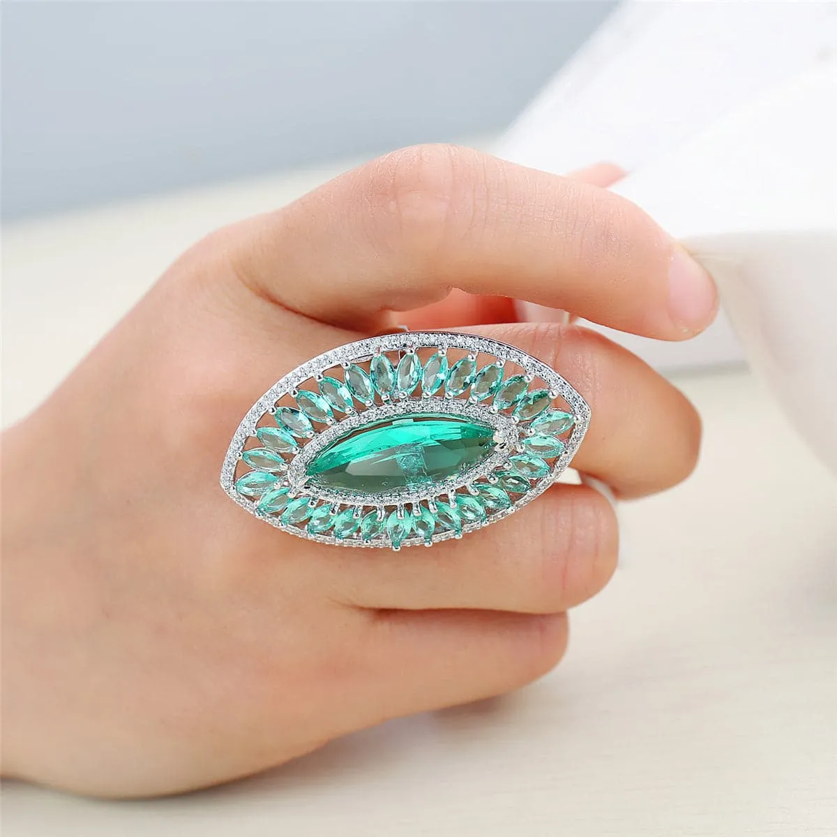 Green Crystal & Cubic Zirconia Pear Statement Ring