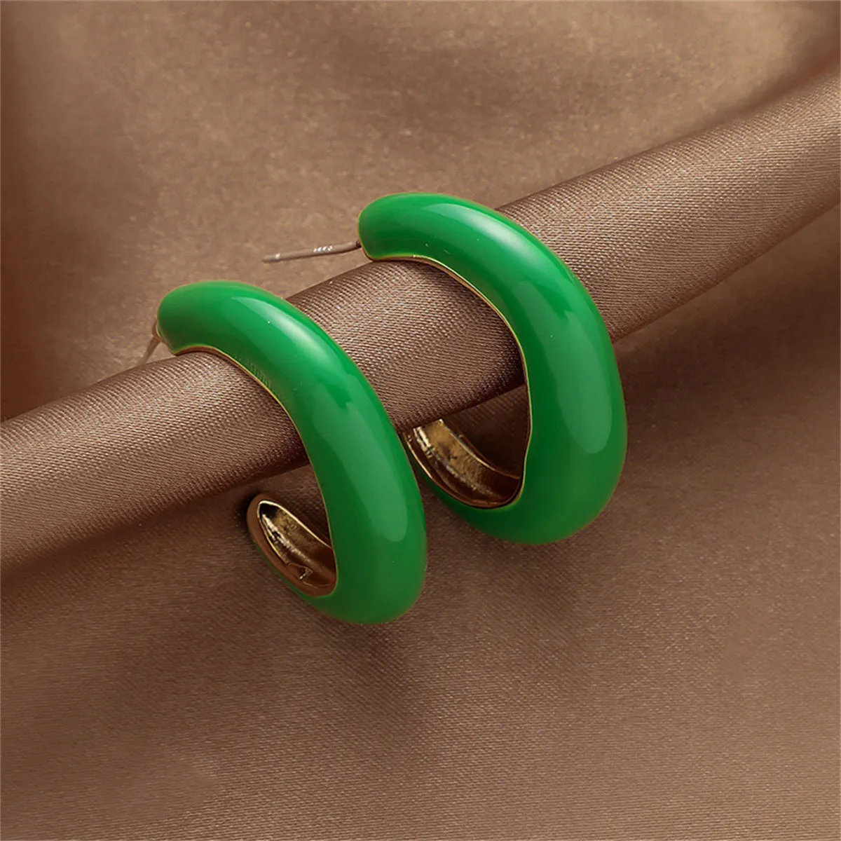Green Enamel & 18K Gold-Plated Twisted Circle Huggie Earring