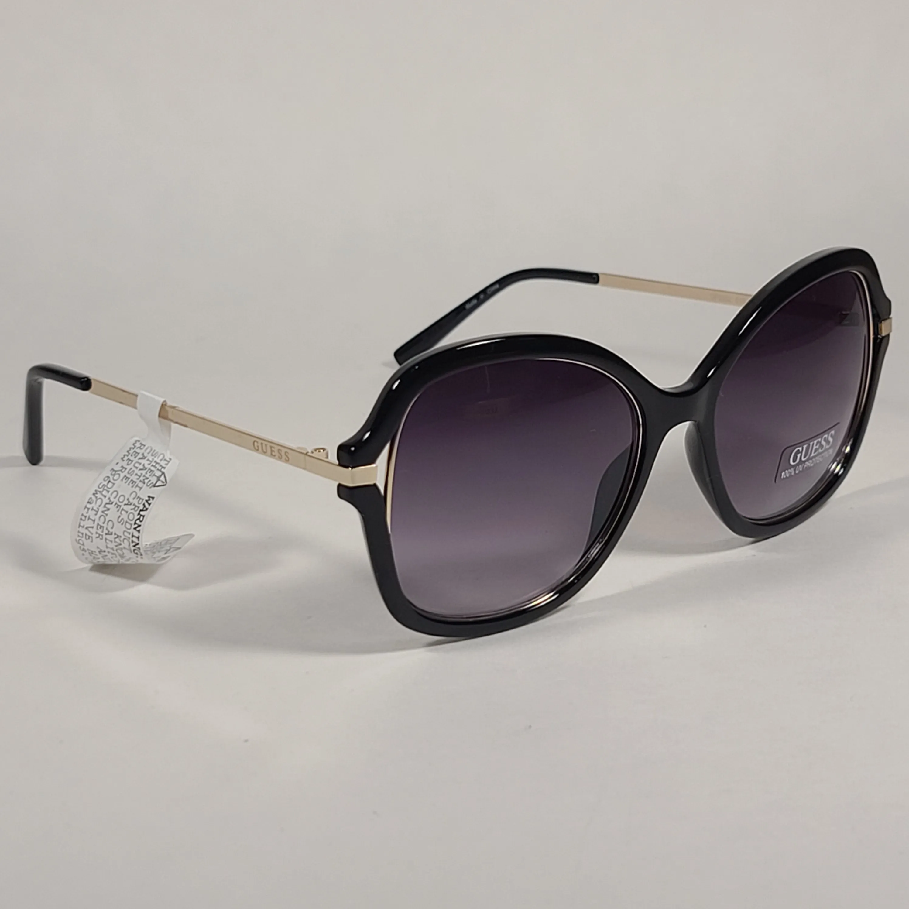Guess Butterfly Sunglasses Shiny Black Gold Accent Gray Gradient Lens GF0352 01B