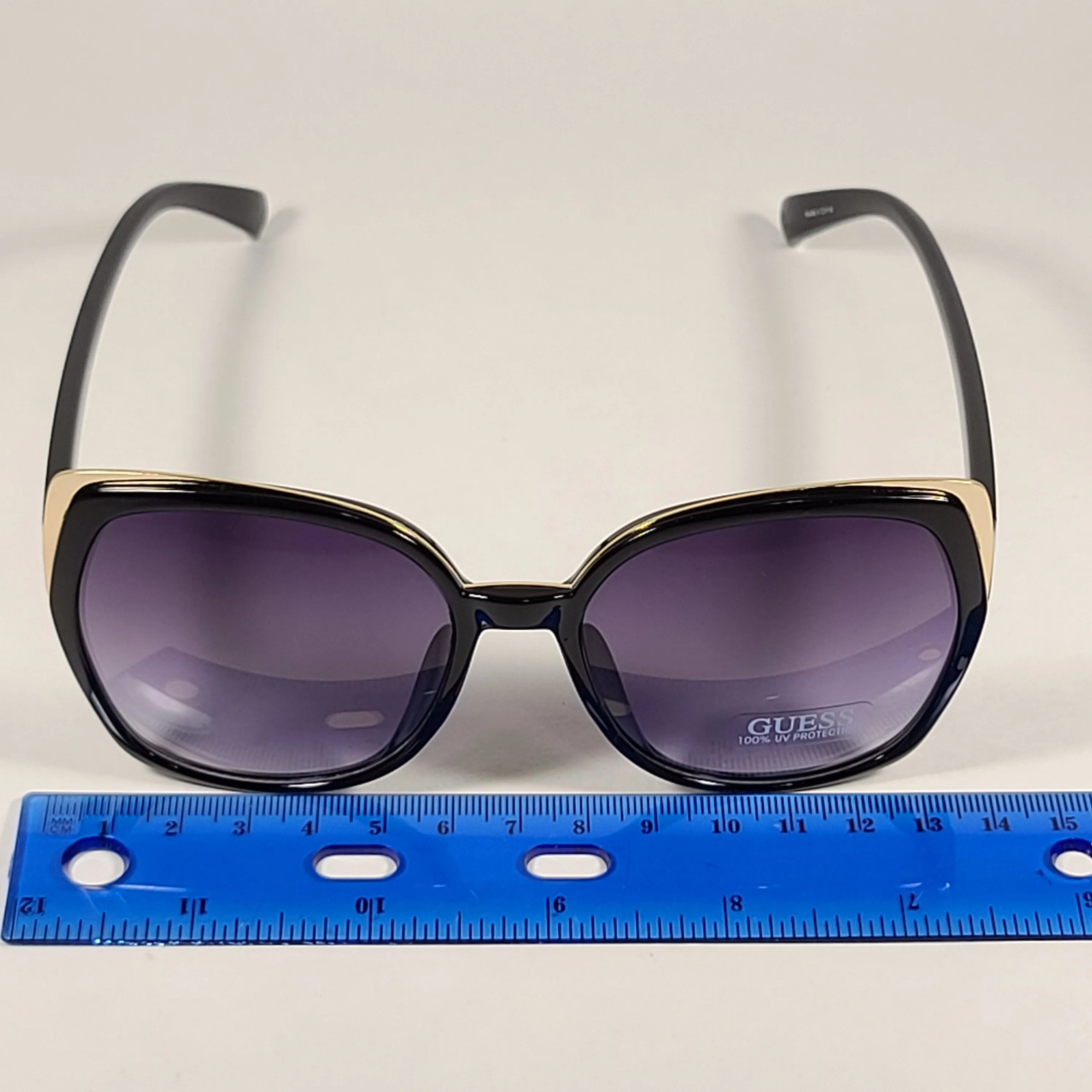 Guess Butterfly Sunglasses Shiny Black Gold Accent Gray Smoke Gradient Lens GF0380 01B