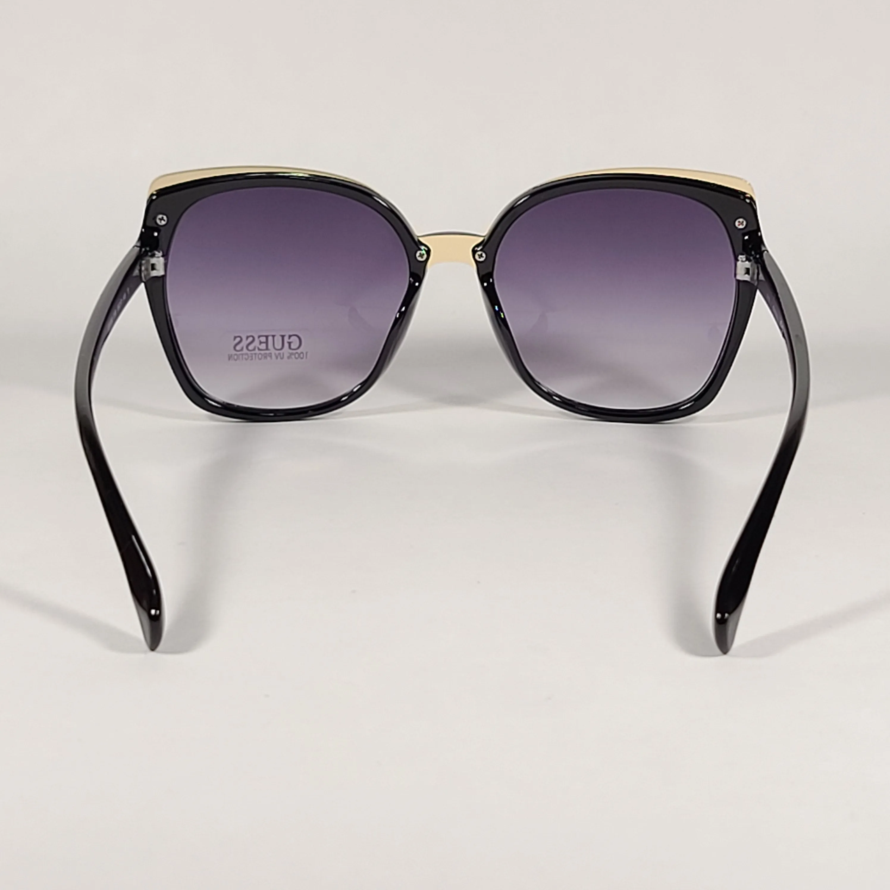 Guess Butterfly Sunglasses Shiny Black Gold Accent Gray Smoke Gradient Lens GF0380 01B