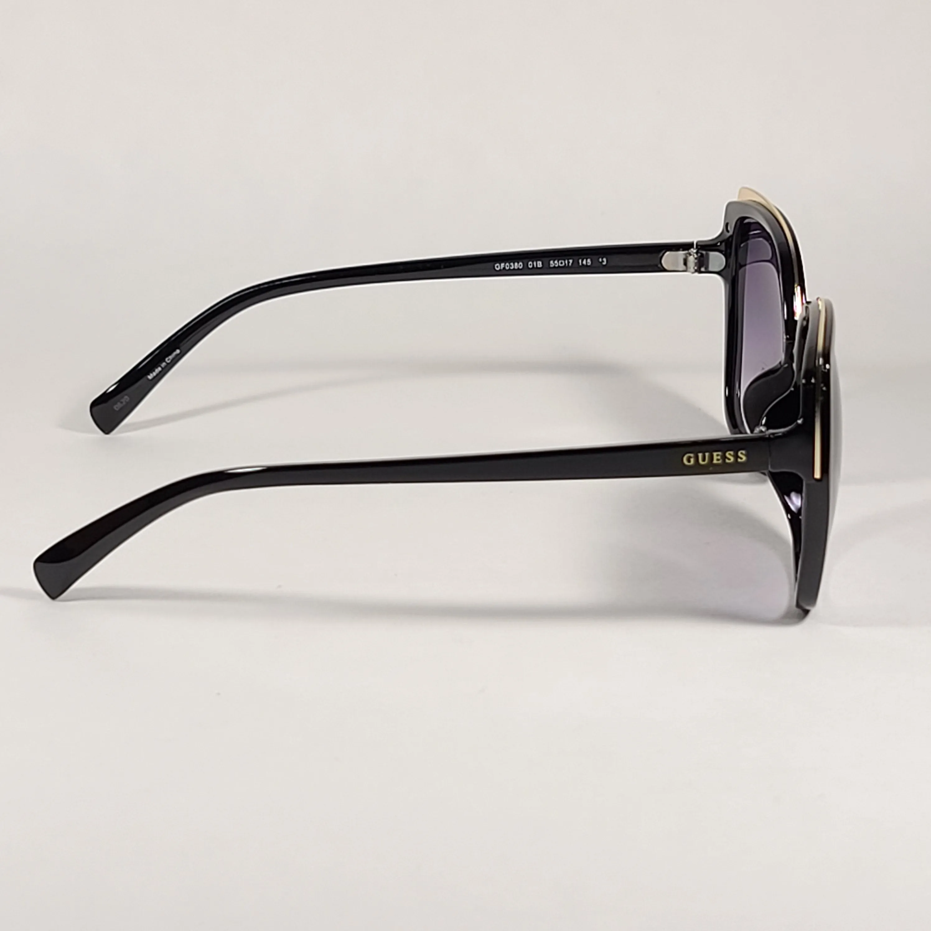 Guess Butterfly Sunglasses Shiny Black Gold Accent Gray Smoke Gradient Lens GF0380 01B