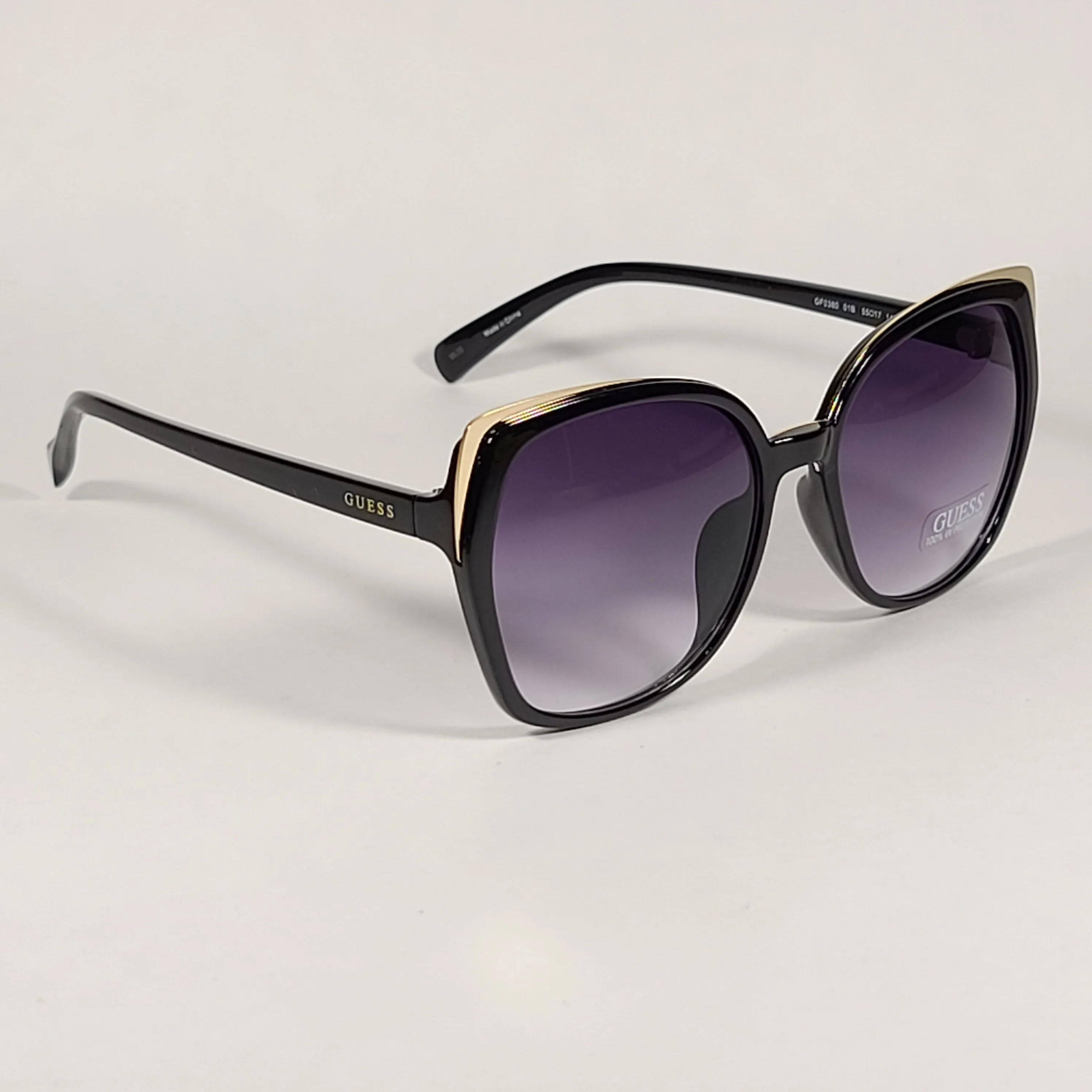 Guess Butterfly Sunglasses Shiny Black Gold Accent Gray Smoke Gradient Lens GF0380 01B