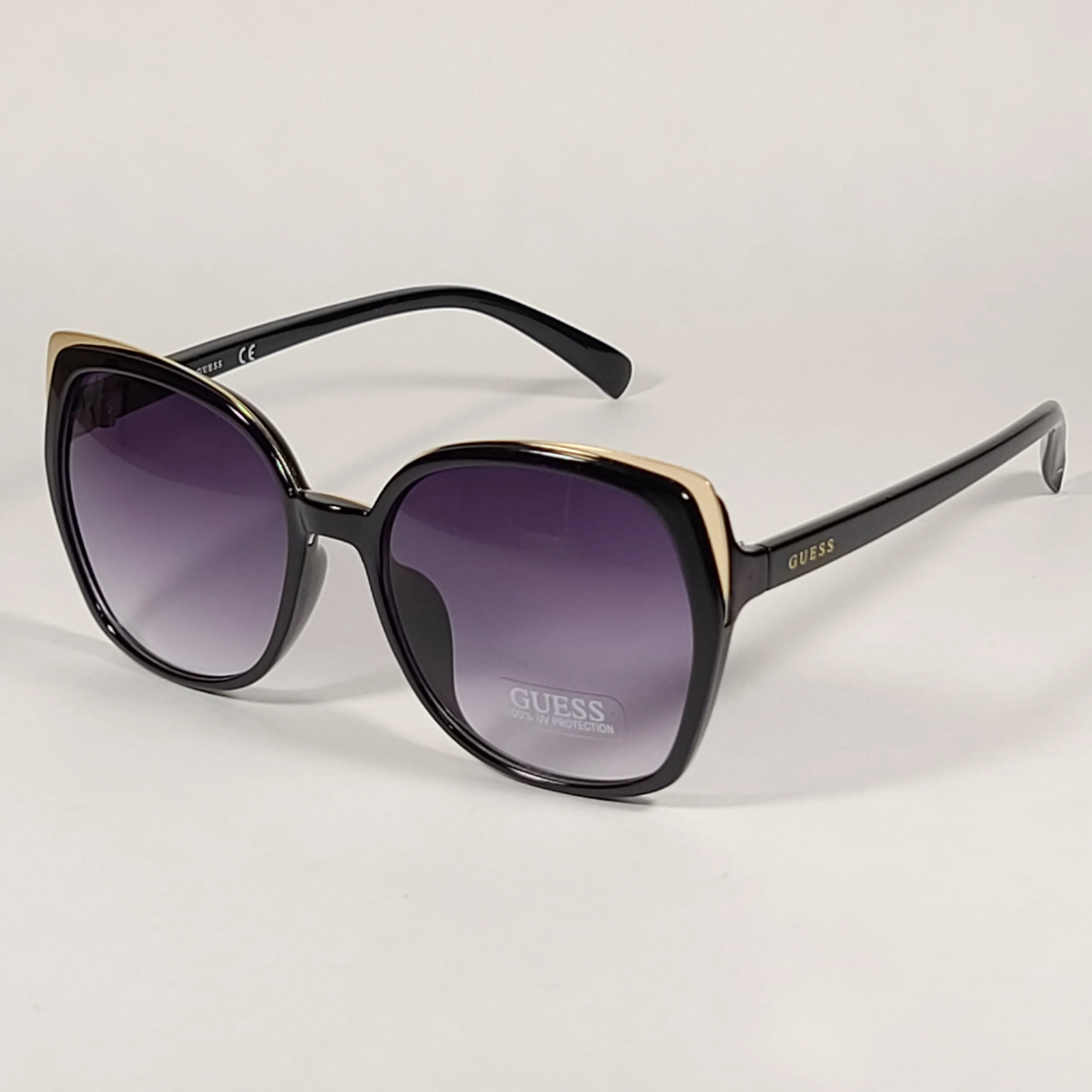 Guess Butterfly Sunglasses Shiny Black Gold Accent Gray Smoke Gradient Lens GF0380 01B