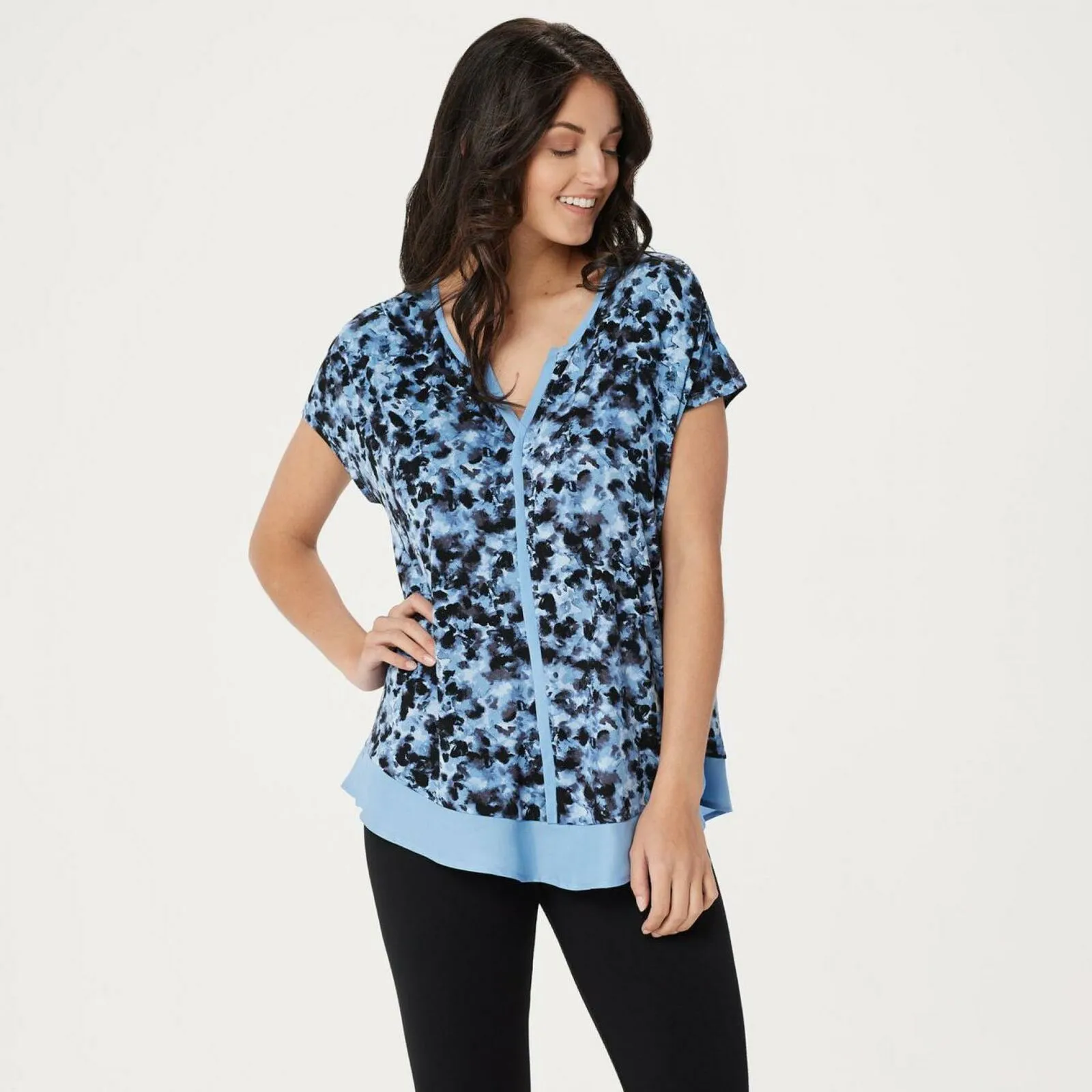 H by Halston Women's Abstract Floral Split-Neck Knit Top