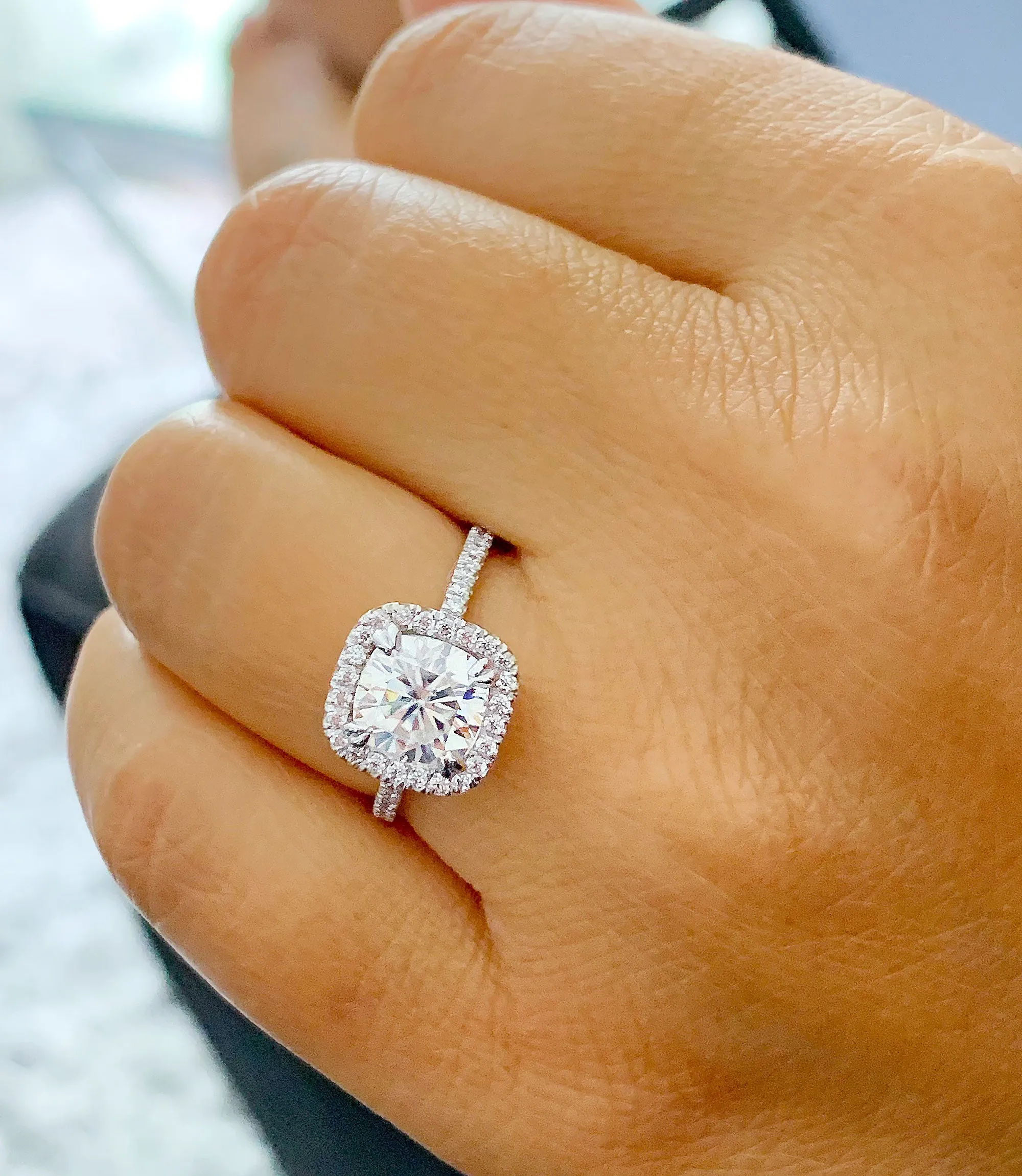 Halo Women's 14k solid white gold cushion cut moissanite and natural diamond engagement ring Bridal Wedding Halo 2.30ct