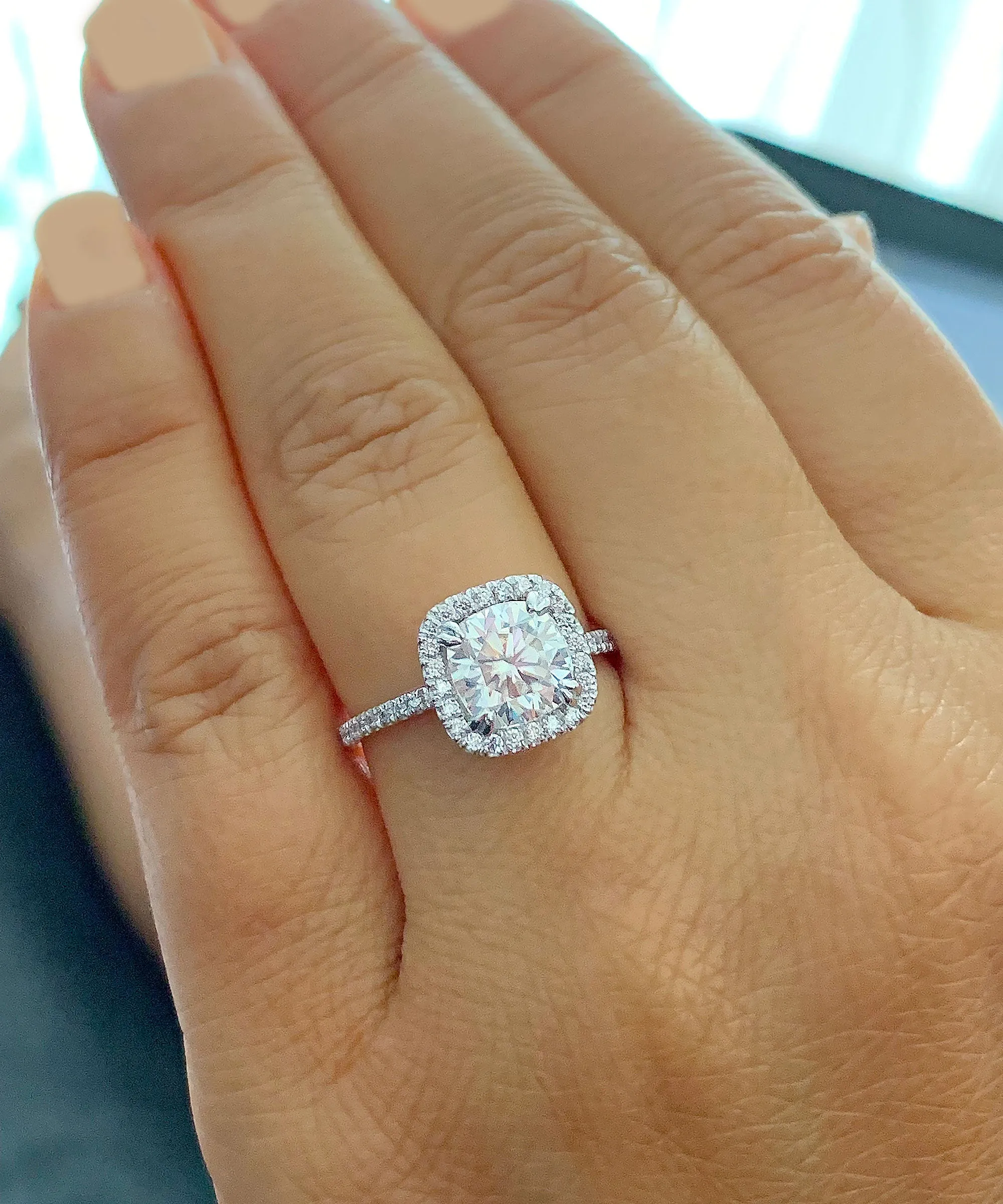 Halo Women's 14k solid white gold cushion cut moissanite and natural diamond engagement ring Bridal Wedding Halo 2.30ct