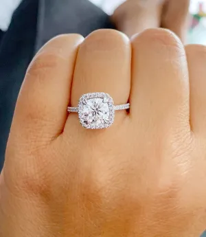 Halo Women's 14k solid white gold cushion cut moissanite and natural diamond engagement ring Bridal Wedding Halo 2.30ct