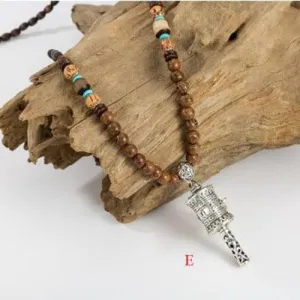 Handmade Wood Beads Pendant & Necklace Ethnic Long Strand Buddhist Mala