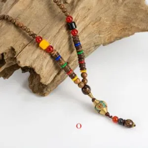 Handmade Wood Beads Pendant & Necklace Ethnic Long Strand Buddhist Mala
