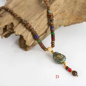 Handmade Wood Beads Pendant & Necklace Ethnic Long Strand Buddhist Mala