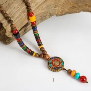 Handmade Wood Beads Pendant & Necklace Ethnic Long Strand Buddhist Mala