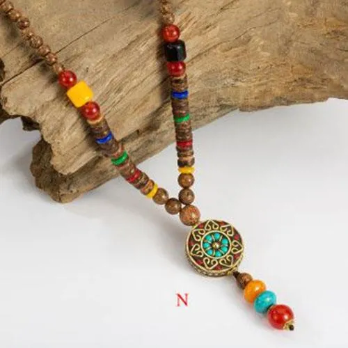 Handmade Wood Beads Pendant & Necklace Ethnic Long Strand Buddhist Mala