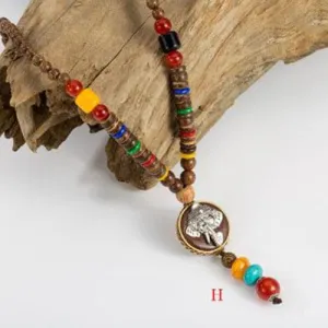 Handmade Wood Beads Pendant & Necklace Ethnic Long Strand Buddhist Mala