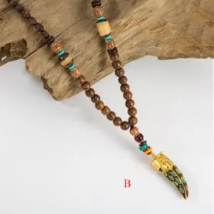 Handmade Wood Beads Pendant & Necklace Ethnic Long Strand Buddhist Mala