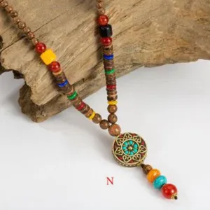 Handmade Wood Beads Pendant & Necklace Ethnic Long Strand Buddhist Mala