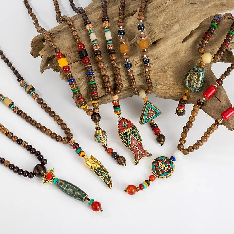 Handmade Wood Beads Pendant & Necklace Ethnic Long Strand Buddhist Mala