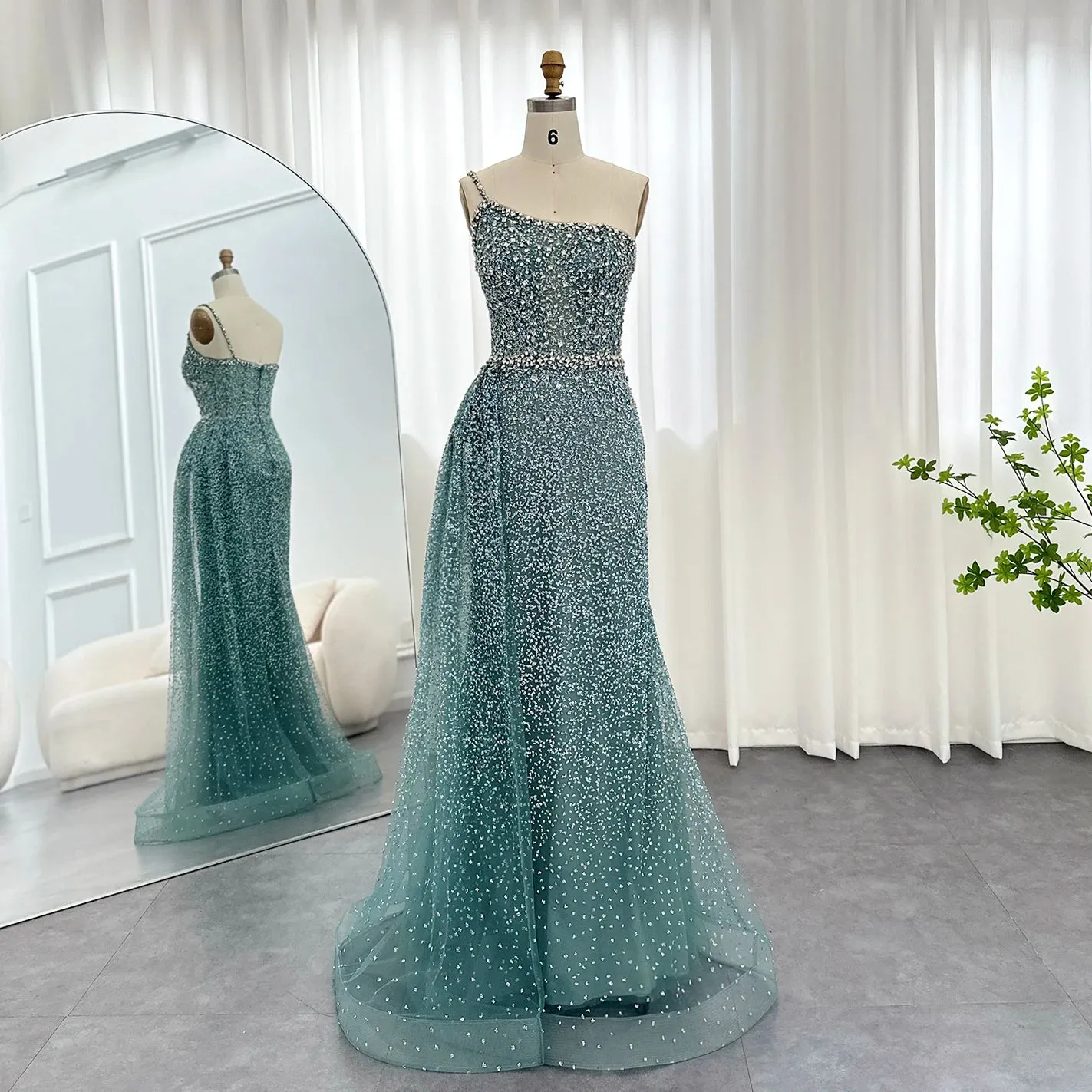 HELEN Luxury One Shoulder Crystal Evening Dress with Overskirt
