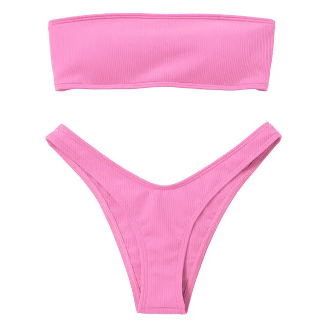High Cut Ribbed Bandeau Bikini Set