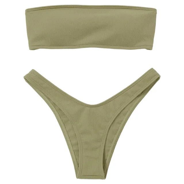 High Cut Ribbed Bandeau Bikini Set