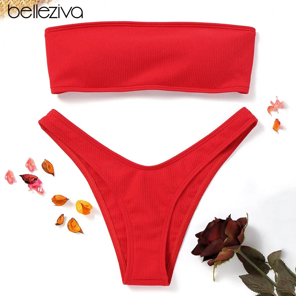 High Cut Ribbed Bandeau Bikini Set