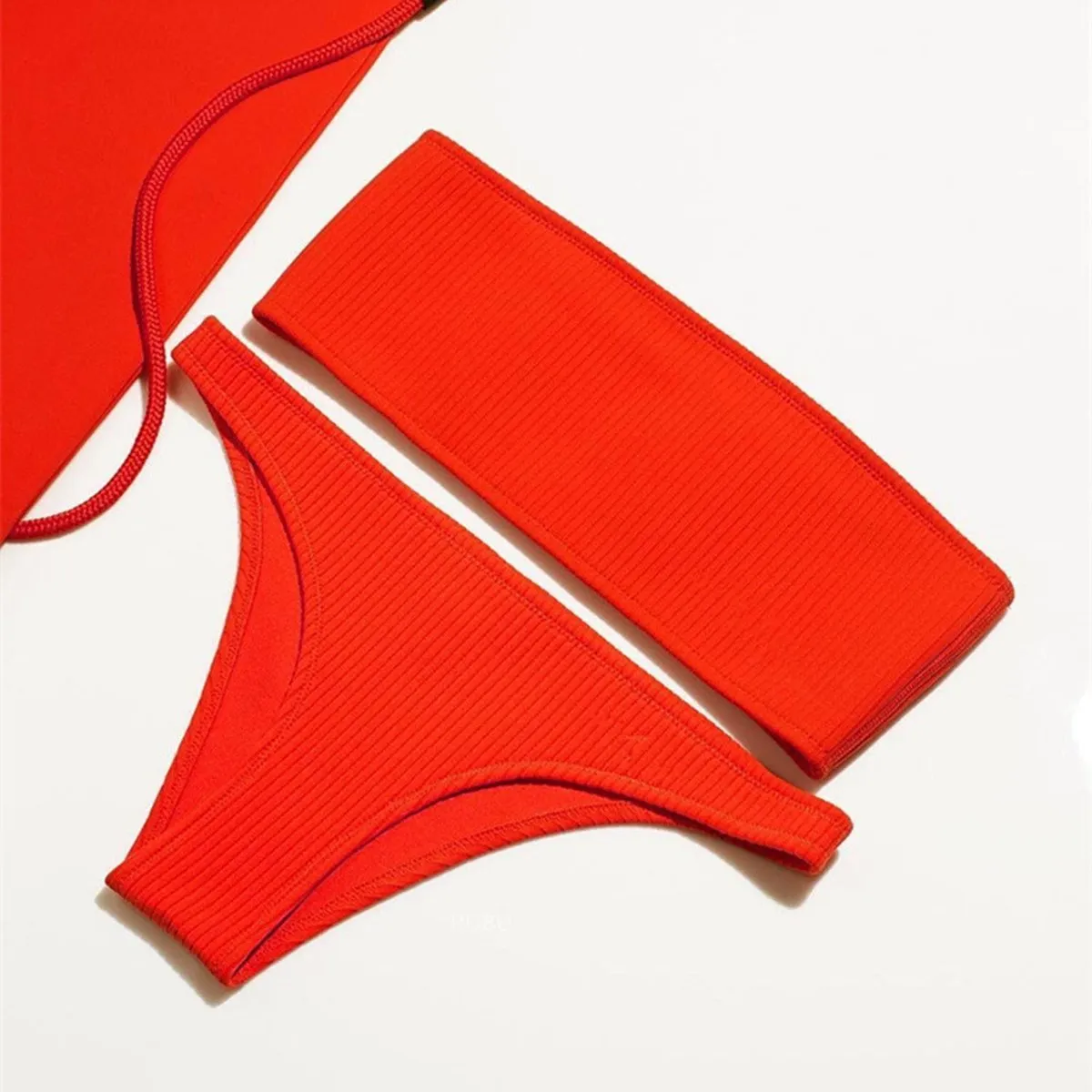 High Cut Ribbed Bandeau Bikini Set