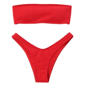 High Cut Ribbed Bandeau Bikini Set