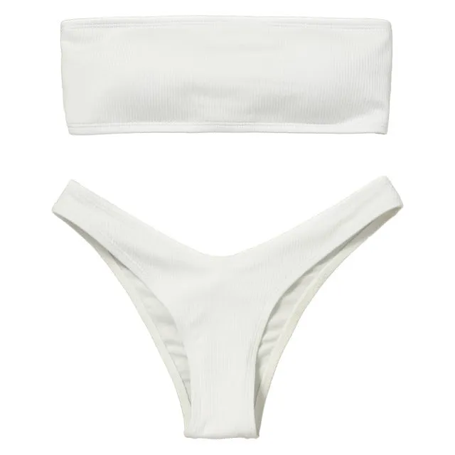High Cut Ribbed Bandeau Bikini Set